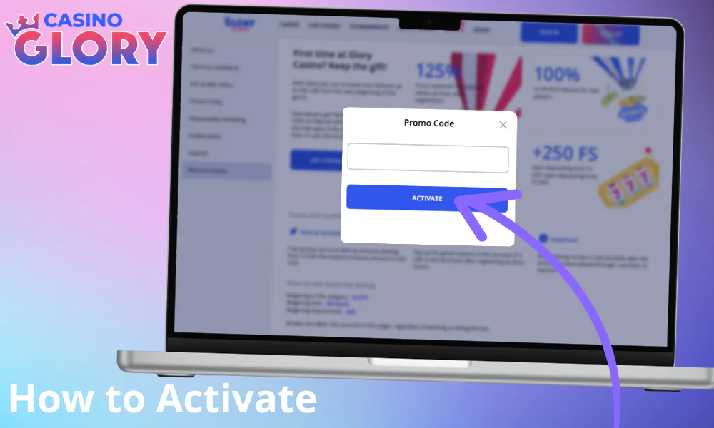 Instructions for activating the Glory Casino promo code